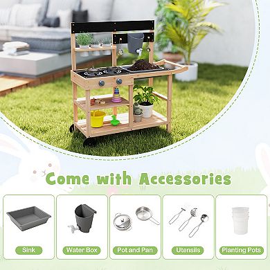 Outdoor Mud Kitchen With Faucet, Planting Pots and Wheels