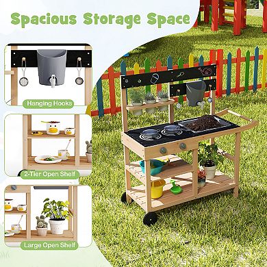 Outdoor Mud Kitchen With Faucet, Planting Pots and Wheels