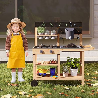 Outdoor Mud Kitchen With Faucet, Planting Pots and Wheels
