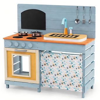 Wooden Kids Play Kitchen With Circulation Faucet Chalkboard Storage Shelves And Accessories