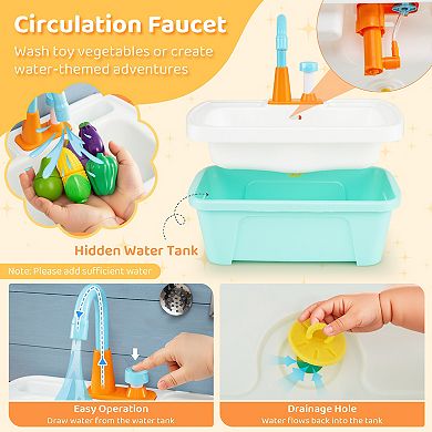 Wooden Kids Play Kitchen Set With Circulation Faucet Chalkboard And Accessories