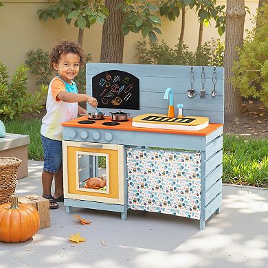 Wooden Kids Play Kitchen Set With Circulation Faucet Chalkboard And Accessories