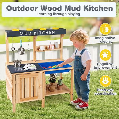 Kids Outdoor Mud Kitchen Playset Wooden Pretend Play Toy with Sink