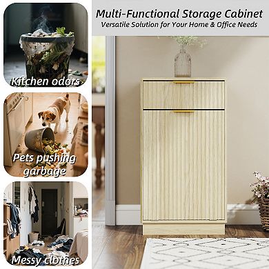 10-Gallon Woodgrain Tilt-Out Trash Can Cabinet with Wave-Textured Drawer & Pull-Out Bin