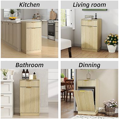 10-Gallon Woodgrain Tilt-Out Trash Can Cabinet with Wave-Textured Drawer & Pull-Out Bin