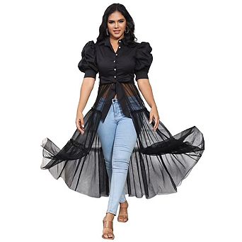 Women's Casual Mesh See Through Shirts with Belt V Neck Button Down Long Dresses Club Party Outfit