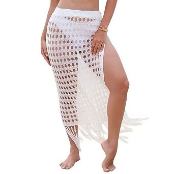 Women's Swimsuit Cover Up Crochet Sheer Knit Side Slit Maxi Beach Skirt Sarong