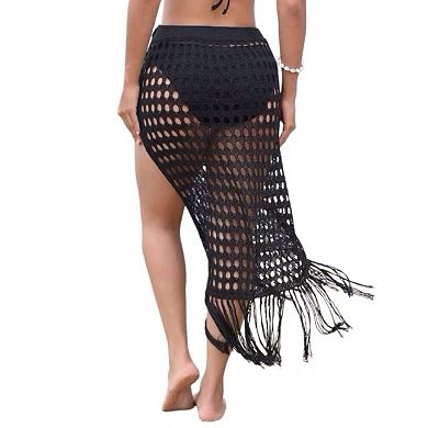 Women's Swimsuit Cover Up Crochet Sheer Knit Side Slit Maxi Beach Skirt Sarong