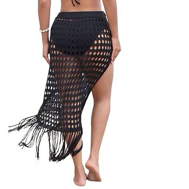 Women's Swimsuit Cover Up Crochet Sheer Knit Side Slit Maxi Beach Skirt Sarong