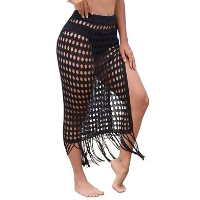 Women's Swimsuit Cover Up Crochet Sheer Knit Side Slit Maxi Beach Skirt Sarong