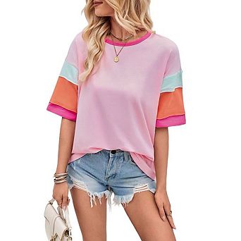 Womens Summer Short Sleeve Crew Neck T Shirts Casual Loose Fit Color Block Stitching Top