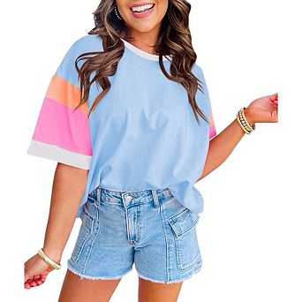 Womens Summer Short Sleeve Crew Neck T Shirts Casual Loose Fit Color Block Stitching Top