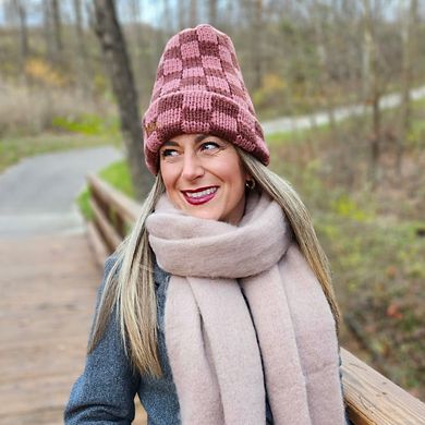 Women's Two-Tone Checkerboard Knit Beanie