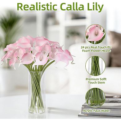 24 Pcs Calla Lily Artificial Flowers with Glass Vase, 15" Long Stem Large Calla Lily Flowers, Real