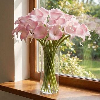 24 pc Calla Lily Artificial Flowers with Glass Vase, 15" Long Stem Large Calla Lily Flowers, Real