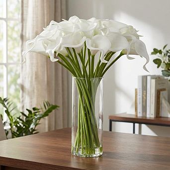 24 pc Calla Lily Artificial Flowers with Glass Vase, 15" Long Stem Large Calla Lily Flowers, Real