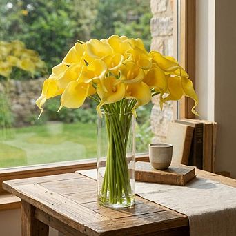 24 pc Calla Lily Artificial Flowers with Glass Vase, 15" Long Stem Large Calla Lily Flowers, Real