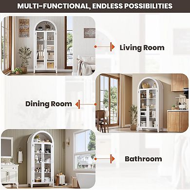 Kitchen Pantry Storage Cabinet with 2 Glass Doors and Adjustable Shelf, Dining Room, Living Room