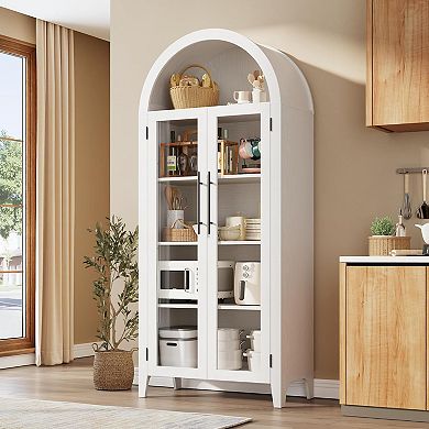 Kitchen Pantry Storage Cabinet with 2 Glass Doors and Adjustable Shelf, Dining Room, Living Room