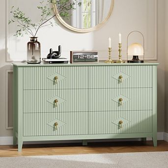 Fluted 6 Drawers Dresser for Bedroom, 54" Wide Modern Chest of Drawers with Metal Handle, Wooden