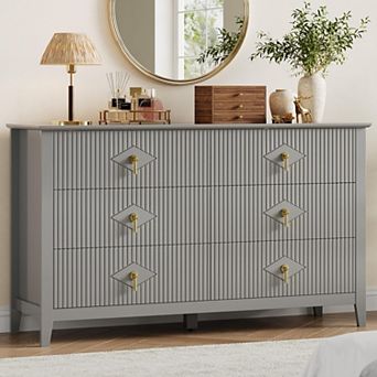 Fluted 6 Drawers Dresser for Bedroom, 54" Wide Modern Chest of Drawers with Metal Handle, Wooden