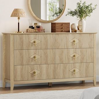 Fluted 6 Drawers Dresser for Bedroom, 54" Wide Modern Chest of Drawers with Metal Handle, Wooden