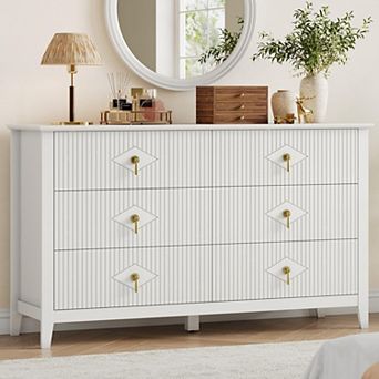 Fluted 6 Drawers Dresser for Bedroom, 54" Wide Modern Chest of Drawers with Metal Handle, Wooden