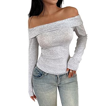 Women's Off Shoulder Short Tops Dressy Tight Long Sleeves Going Out T-shirt