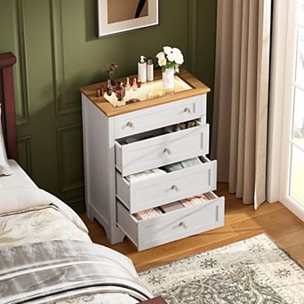 White Drawer Dresser with LED Light 4 Drawer Nightstand Cabinet with Night Light, Visible Glass
