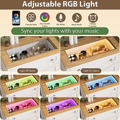 White Drawer Dresser with LED Light 4 Drawer Nightstand Cabinet with Night Light, Visible Glass