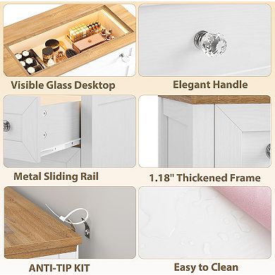 White Drawer Dresser with LED Light 4 Drawer Nightstand Cabinet with Night Light, Visible Glass