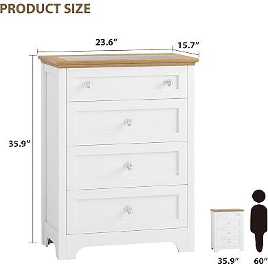 White Drawer Dresser with LED Light 4 Drawer Nightstand Cabinet with Night Light, Visible Glass