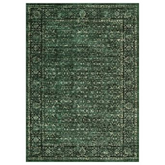 Washable Living Room Area Rug, Vintage Distressed Floral Non Slip Low Pile Stain Resistant Carpet