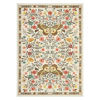 Washable Floral Butterfly Area Rug, Colorful Botanical Farmhouse Style Rug, Easy Care Carpet