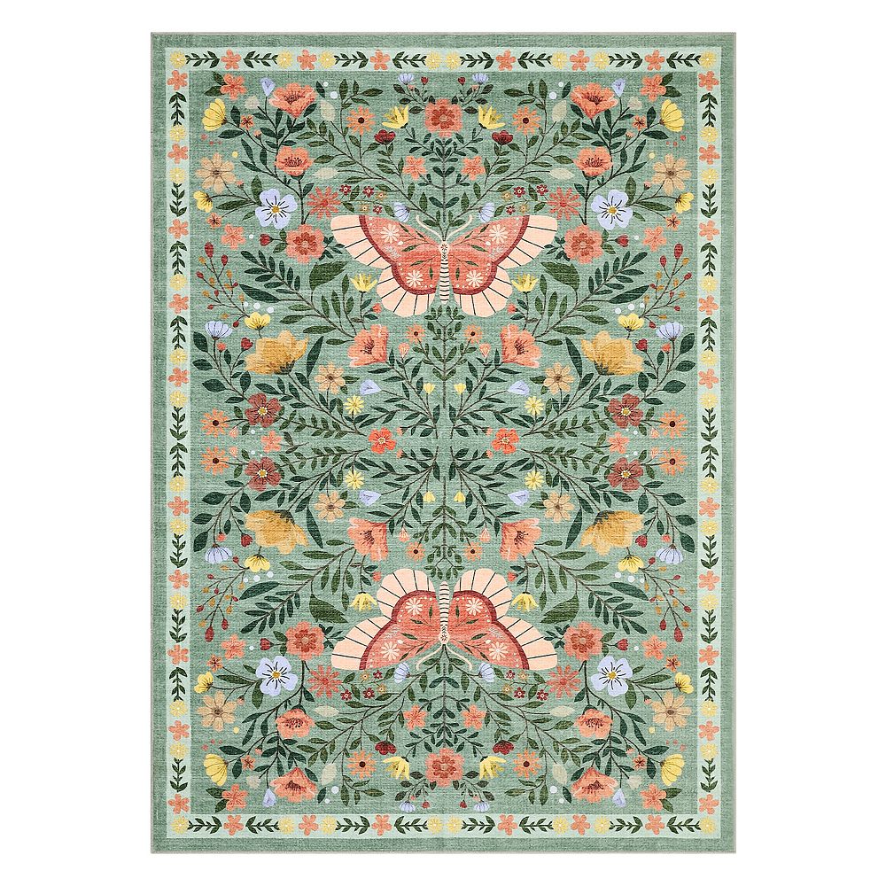 Washable Floral Butterfly Area Rug, Colorful Botanical Farmhouse Style ...