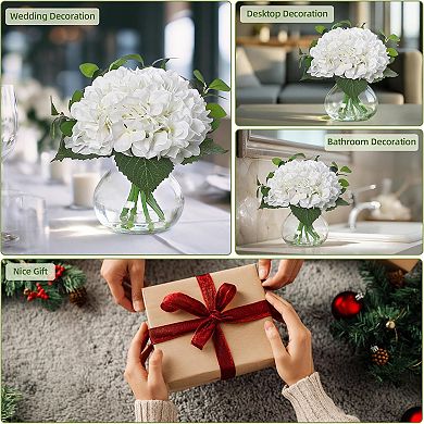 Hydrangea Artificial Flowers in Vase, Silk Faux Hydrangea Fake Flower Arrangements with Glass Vase