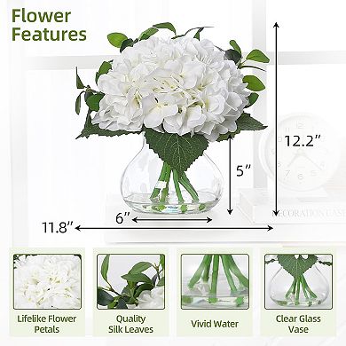 Hydrangea Artificial Flowers in Vase, Silk Faux Hydrangea Fake Flower Arrangements with Glass Vase