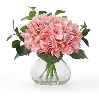Hydrangea Artificial Flowers in Vase, Silk Faux Hydrangea Fake Flower Arrangements with Glass Vase