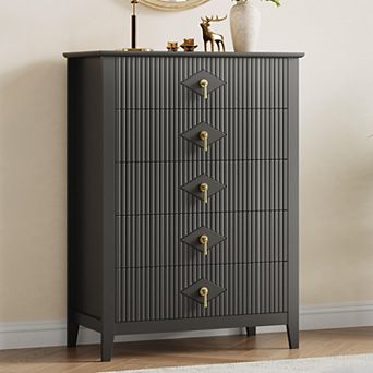Fluted Dresser for Bedroom, 42.9" Tall 5-Drawer Wood Dresser, Modern Chest of Drawers, Storage