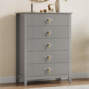 Fluted Dresser for Bedroom, 42.9" Tall 5-Drawer Wood Dresser, Modern Chest of Drawers, Storage
