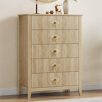 Fluted Dresser for Bedroom, 42.9" Tall 5-Drawer Wood Dresser, Modern Chest of Drawers, Storage