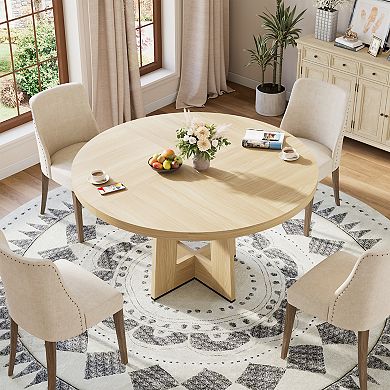 Round Dining Table for 4-6, Circle Kitchen Table with Sturdy Pedestal Base, Farmhouse Dinner Table