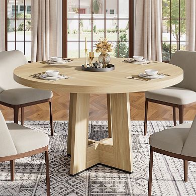 Round Dining Table for 4-6, Circle Kitchen Table with Sturdy Pedestal Base, Farmhouse Dinner Table