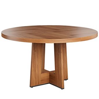 Round Dining Table for 4-6, Circle Kitchen Table with Sturdy Pedestal Base, Farmhouse Dinner Table