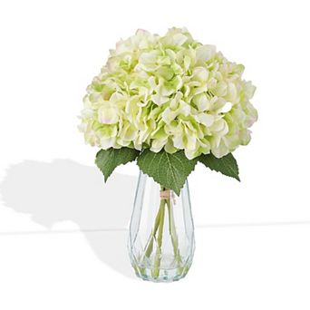 5 pc Artificial Hydrangea Arrangement in Glass Vase - Fade-Resistant Silk Flowers with Faux Water