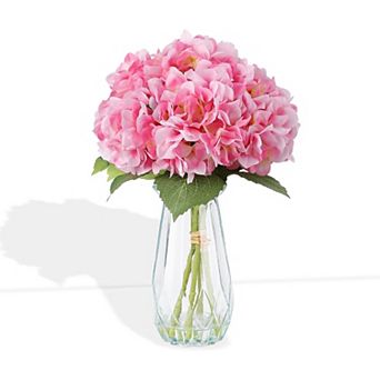 5 pc Artificial Hydrangea Arrangement in Glass Vase - Fade-Resistant Silk Flowers with Faux Water