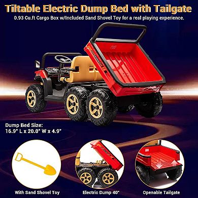 24V Kids Electric Dump Truck with Remote Control - 2 Seater 6-Wheel 4WD UTV, Dump Bed, 3 Speeds,
