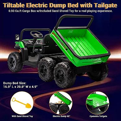 24V Kids Electric Dump Truck with Remote Control - 2 Seater 6-Wheel 4WD UTV, Dump Bed, 3 Speeds,