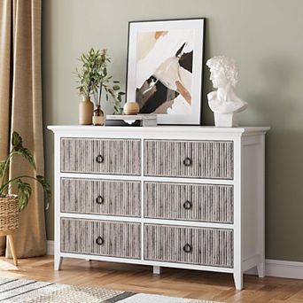 Fluted Dresser, 6 Drawer Dresser for Bedroom, Modern Waveform Panel Closet Dressers Chest