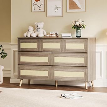 Rattan 7 Drawer Dresser for Bedroom, Modern Farmhouse Chest of Drawers with Storage, Wooden Clothes